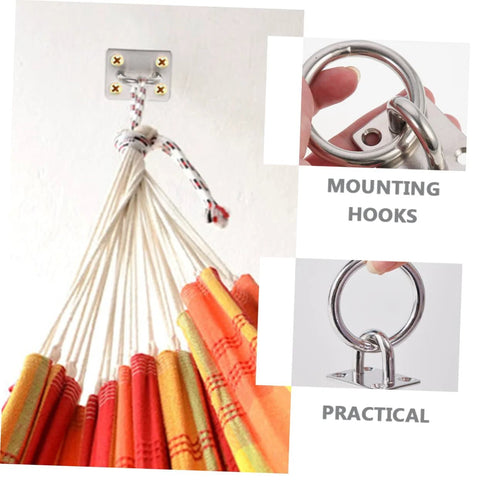 Two Pack Heavy Duty Stainless Steel Ceiling Hooks With Durable Anchor Plates For Hammocks And Yoga Swings Ideal For Home Gyms Studios And Patios Versatile Eye Hooks For Secure Hanging And Rigging Applications In Indoor And Outdoor Setups showing installed hook with hammock, close-up of ring, and mounting details.