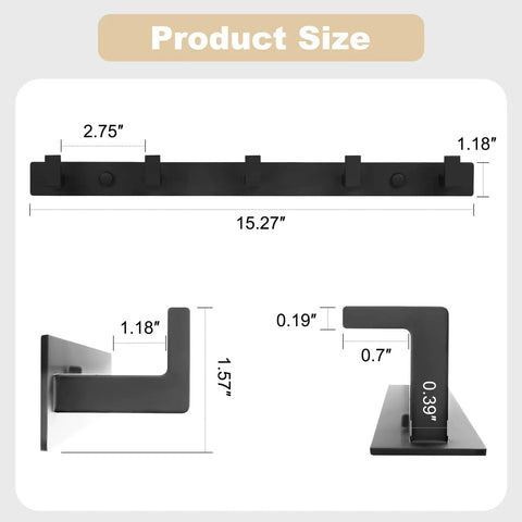 Sturdy Matte Black Wall Mount Coat Rack With Five Heavy Duty Metal Hooks, Rustproof And Waterproof, showing dimensions and design
