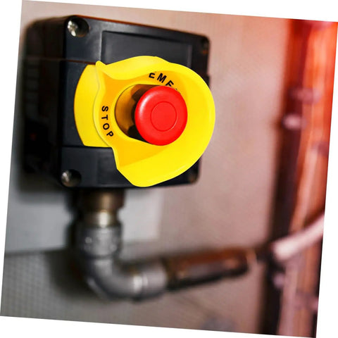 2 Pack Stop Button Protective Covers For Emergency Stop Switches Industrial Plastic Guard To Prevent Accidental Activation Safety Shield For Machines Today showing yellow cover on emergency stop switch