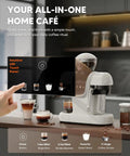 White Semiautomatic Espresso Machine With Built In Grinder And Adjustable Steam Wand 20 Bar Pump For Silky Crema Home Barista Vibes Smooth Daily Grind Fresh Bean Hopper, featuring LED touch panel.