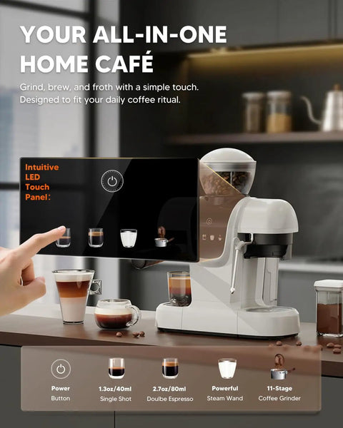 White Semiautomatic Espresso Machine With Built In Grinder And Adjustable Steam Wand 20 Bar Pump For Silky Crema Home Barista Vibes Smooth Daily Grind Fresh Bean Hopper, featuring LED touch panel.