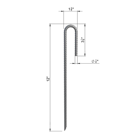 Front view diagram of J Hook Rebar Stakes Set Of 10 Extra Heavy Duty One Quarter Inch Coated Steel Ground Anchors With Chisel Point End 12 Inches Long Rust Resistant Industrial Grade Construction For Secure Soil Anchorage In All Ground Conditions with dimensions.