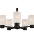 Five Light Indoor Chandelier in Oil Rubbed Bronze with Frosted Glass, ideal dining room or living room fixture, front view.