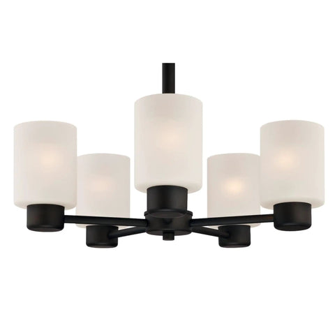 Five Light Indoor Chandelier in Oil Rubbed Bronze with Frosted Glass, ideal dining room or living room fixture, front view.