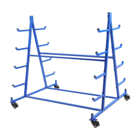 Heavy Duty Mobile Cantilever Storage Rack With Rugged Wheels, 5 Tier Double Side Pipe Lumber Organizer, 500 Lb Rolling Industrial Cart view showing blue steel frame and wheels.