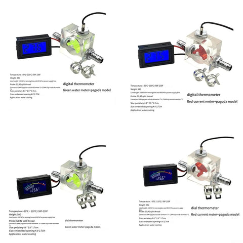 Three-Way Water Cooling Flow Meter With Blue LED Thermometer For Real-Time Liquid Cooling Systems, Ultra-Precise Flow Readout And Temperature Monitoring For PC Builds, DIY Water-Cooling Loops, And High-Performance Enthusiast Rigs, 10mm hose, acrylic body