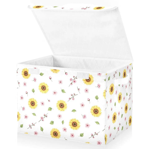 Rock Solid Foldable Storage Bin with Lid and Carrying Handles Collapsible Fabric Organizer, 16.5 x 12.6 x 11.8 inches, floral design.
