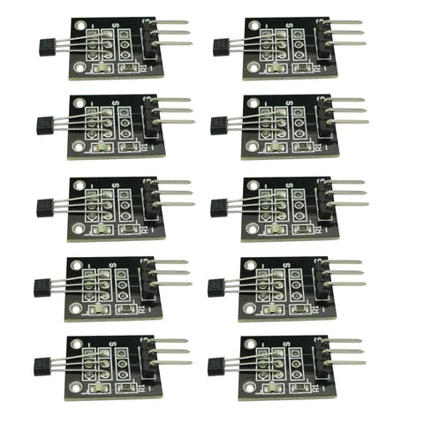 Pack of 10 KY 003 Hall Effect Magnetic Sensor Module 5V Digital Output For Arduino 3144E A3144 aligned in rows.
