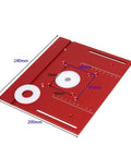 Heavy Duty Aluminum Router Table Insert Plate With Detachable Miter Gauge Sleek Woodworking Flush Trim Accessory Badass Shop Floor Game Changer Sweet Diy Bench Upgrade In Red measuring 240x200 mm with mounting holes.