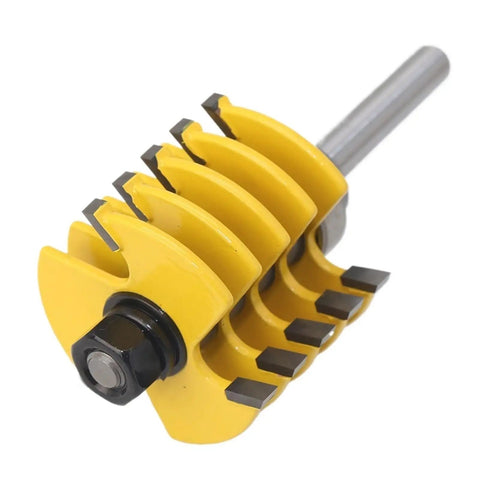 Adjustable Box Joint Router Bit With Five And Three Flutes And Half Inch Shank showing sharp dados for precise wood joinery.
