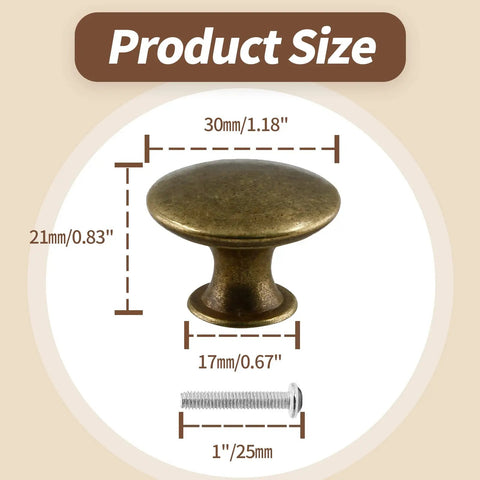 Brass Cabinet Knob Set Pack Of 12 With Mounting Screws Easy Install 1.18 Inch Round Drawer Knob size details with measurements