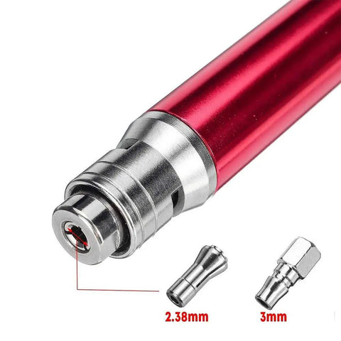 Heavy Duty Pneumatic Pencil Grinder Sixty Five Thousand Rpm Air Powered Micro Die Tool close-up with metal connector and hose attachments.