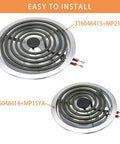 Chrome Drip Pans And Burner Element Replacement Kit For Frigidaire Kenmore Electric Range Includes 2 Small Drip Pans 6 Inch, 2 Large Drip Pans 8 Inch, MP15YA 6 Inch 1500W 230V, MP21YA 8 Inch 2100W 230V showing easy installation of coils and pans