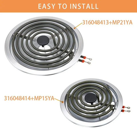 Chrome Drip Pans And Burner Element Replacement Kit For Frigidaire Kenmore Electric Range Includes 2 Small Drip Pans 6 Inch, 2 Large Drip Pans 8 Inch, MP15YA 6 Inch 1500W 230V, MP21YA 8 Inch 2100W 230V showing easy installation of coils and pans