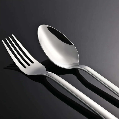 Close-up of fork and spoon from 20 Piece Flatware Set For 4 In 18/10 Stainless Steel, Mirror Polished Silverware, Dishwasher Safe.