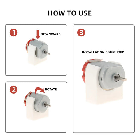 Diagram showing steps to install motor in DIY DC Motor Kit For Makers With Dual 3V To 12V Motors Up To 25000 RPM 60 Gear Pack