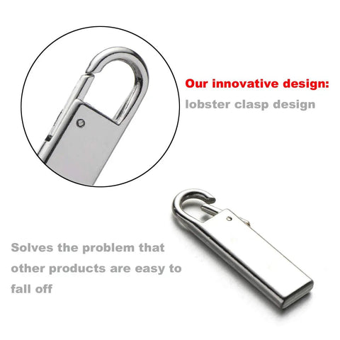 Zipper Pull Replacement Metal Handle Kit for Luggage and Bags 4 Pack shown with lobster clasp design.