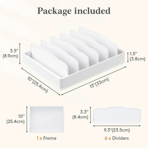 Kitchen Cabinet Lid Organizer With 6 Adjustable Dividers And 7 Sections for Lids Bowls Containers, size 13x10 inches, BPA-free plastic.