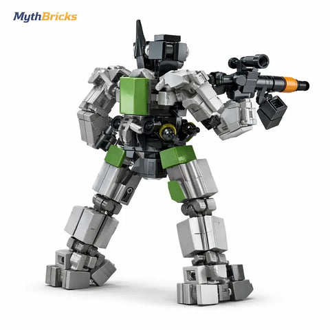 Awesome STEM Robot Building Kit For Teens And Adults Build A Large Warrior Bot And A Smaller Sidekick Mech With 158 Piece Kit Hands On Engineering Toy For Creative Minds, gray ABS robot figure with green panels and rifle