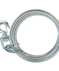 Beefy Steel Core Winch Cable With Swivel Hook Three Eighths Inch By 50 Ft Kink And Crush Resistant 14,000 Lbs Minimum Breaking Strength Safe Working Load 4,000 Lbs Made In USA coiled on white background