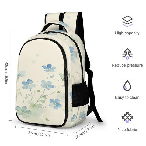 Pale Blue Wildflower Watercolor Print Backpack For Men And Women Large Capacity Unisex Daypack With Durable Polyester Side View