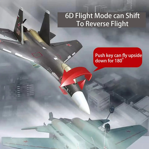 Rad SU-35 Inspired RC Plane With 4CH 2.4G Remote showing 180° inversion capability in flight above urban landscape.