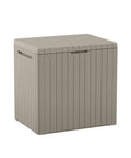 Front view of 30 Gallon Resin Outdoor Storage Box And Patio Side Table For Pool And Garden Accessories Beige No-Brainer Storage