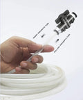Hand holding 1/4 Inch Push To Connect Valve Set For Pneumatic Air Lines and tubing, showing tool-free assembly with arrows.