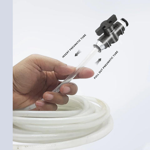 Hand inserting tube into 5/16 Push To Connect Ball Valve Union For Pneumatic Air Lines Quick Connect Fittings Set No Tools Required Easy Snap In Installation 5 Pack Durable Brass Body Leak Free For Air Compressors And Pneumatic Systems.