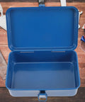 Classic Vintage Blue Metal Toolbox And Portable Tool Organizer For Auto Repair Job Site Storage Home Fix Ups Heavy Duty Rolling Gear Rack With Badass Grip Latches, open blue toolbox interior view.