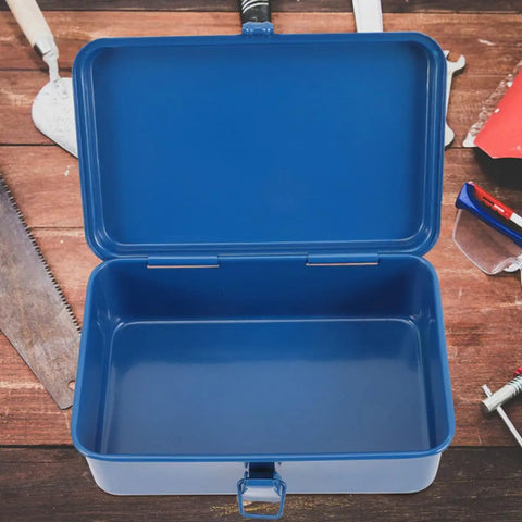 Classic Vintage Blue Metal Toolbox And Portable Tool Organizer For Auto Repair Job Site Storage Home Fix Ups Heavy Duty Rolling Gear Rack With Badass Grip Latches, open blue toolbox interior view.