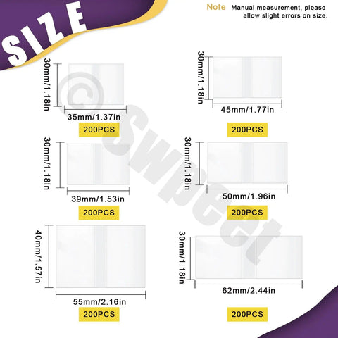 Clear PVC Heat Shrink Bottle Band Kit With 1200 Pieces In Six Sizes 1.37 Inch 1.50 Inch 1.80 Inch 1.90 Inch 2.20 Inch And 2.40 Inch Perforated Shrink Bands For Bottles Jars Cans And Lip Gloss Packaging size detail chart