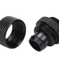 Front view of two black G1/4 to 3/8 in ID, 1/2 in OD compression fittings for soft tubing used in computer water cooling