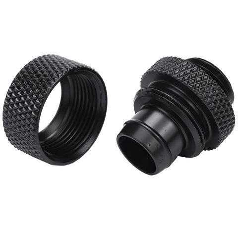 Front view of two black G1/4 to 3/8 in ID, 1/2 in OD compression fittings for soft tubing used in computer water cooling