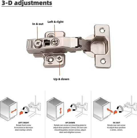 Four Pack Full Overlay European Soft Close Cabinet Hinges For Kitchen Cabinets With Silent Damper showing 3-D adjustment features.