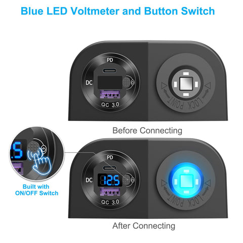 Tent Style Power Panel With 12V USB Outlet And Lighted Cigarette Lighter Socket PD3.0 And QC3.0 Car USB Port showing LED voltmeter