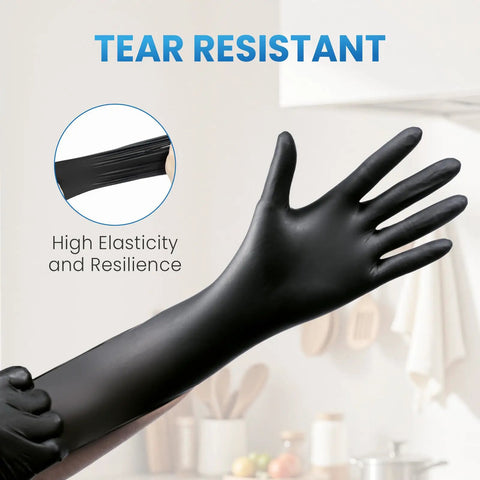 Solid Black Nitrile Gloves Large 100 Pack Heavy Duty Disposable Latex Free Powder Free Medical Exam And Food Safe Gear shown with elastic resilience.