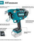 Makita 18 Volt LXT Brushless Cordless Deep Capacity Rebar Tying Tool Kit with 5 Amp Hour Battery and Charger featuring ergonomic handle.