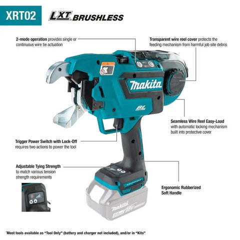 Makita 18 Volt LXT Brushless Cordless Deep Capacity Rebar Tying Tool Kit with 5 Amp Hour Battery and Charger featuring ergonomic handle.