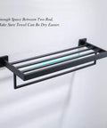 Square Towel Rack With Single Bar Wall Mount Shelf Rustproof Stainless Steel In Matte Black Finish on white wall.