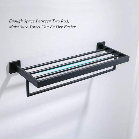 Square Towel Rack With Single Bar Wall Mount Shelf Rustproof Stainless Steel In Matte Black Finish on white wall.