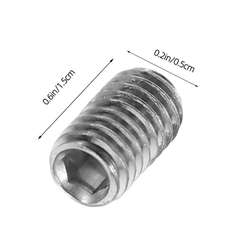 Close-up of Stainless Steel Cup Point Set Screw from 300 Pcs Kit, 0.6in x 0.2in with Allen wrench compatibility.