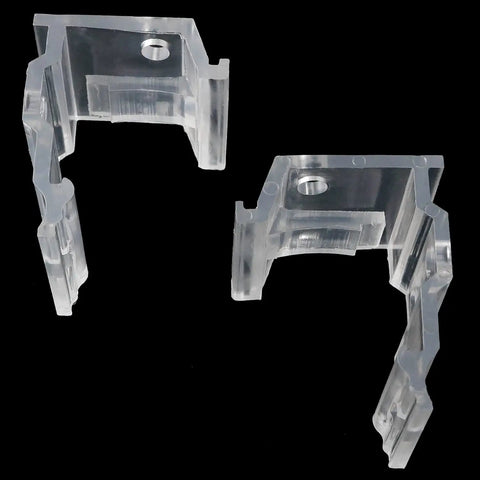 Two Piece Clear Concealed Mounting Brackets For One Inch Vinyl Or Aluminum Mini Blinds Heavy Duty Plastic Build on black background.