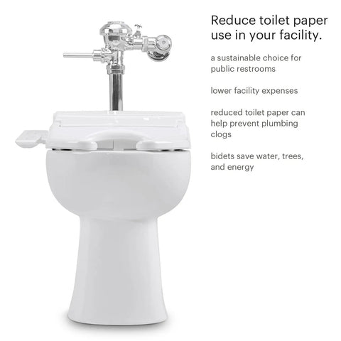 Knockout Comfort And Built Like A Tank Commercial Bidet Toilet Seat With Heated Cushion And Warm Air Dryer Featuring Open Front Lidless Design Side Control Arm And Self Cleaning Stainless Steel Nozzle For Hotels And Offices In White, shown from the front view.