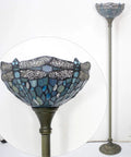 Sea Blue Tiffany Dragonfly Floor Lamp With 71 Inch Pole Torchiere And 12 Inch Shade Stained Glass Uplight For Your Bedroom And Living Room Cozy Vibe Antique Bronze Base Corner Accent UL Listed LED Compatible
