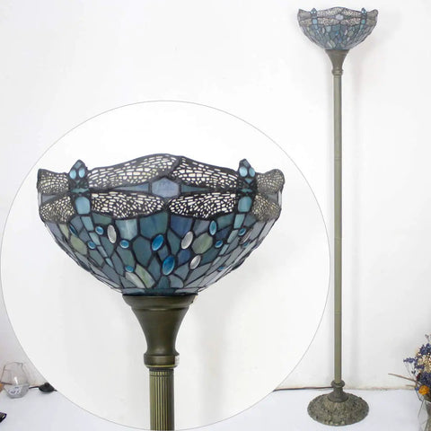 Sea Blue Tiffany Dragonfly Floor Lamp With 71 Inch Pole Torchiere And 12 Inch Shade Stained Glass Uplight For Your Bedroom And Living Room Cozy Vibe Antique Bronze Base Corner Accent UL Listed LED Compatible