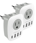 2 Pack European Travel Plug Adapter 6 In 1 Converter With 2 American Outlets 3 USB Ports And USB C Power 2500W Max Type C Europe Plug