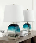 Coastal Glass Table Lamp Set Of 2 For Living Room And Nightstand Blue Bedside Lamps With USB Port 3 Way Dimmable Glass Bedroom Lights Modern Minimalist Lighting For Home Decor on a wooden shelf