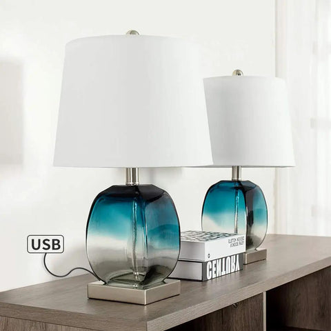 Coastal Glass Table Lamp Set Of 2 For Living Room And Nightstand Blue Bedside Lamps With USB Port 3 Way Dimmable Glass Bedroom Lights Modern Minimalist Lighting For Home Decor on a wooden shelf