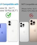 Camera Lens Protector 3 Pack for iPhone 16 6.1 Inch and iPhone 16 Plus 6.7 Inch compatibility chart shown with phones.